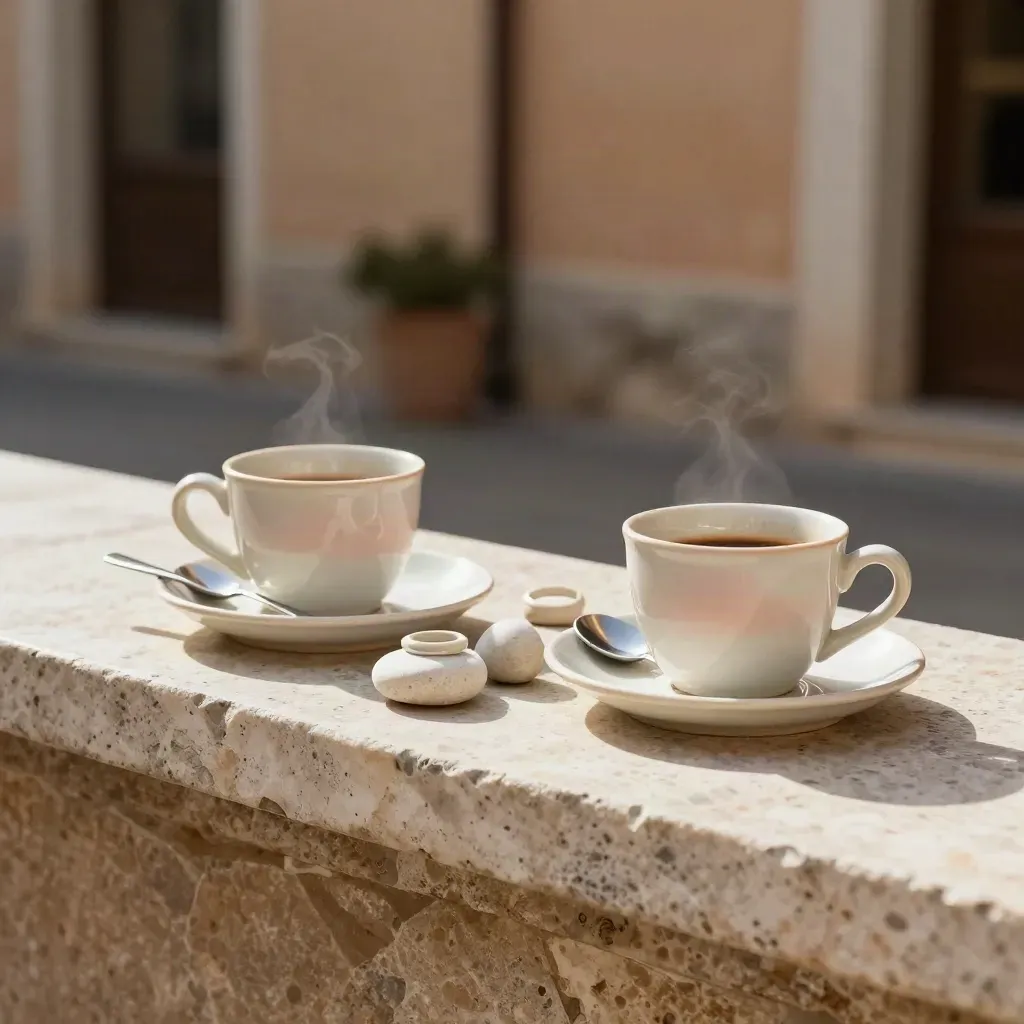 Due tazzine di caffè, cucchiaini, anelli di ceramica e sassi levigati su travertino.