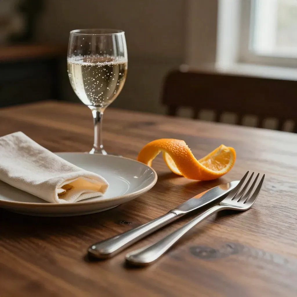 Tavolino d’aperitivo per un primo appuntamento, con piatto, bicchiere, scorza d’arancia e sedia sullo sfondo.