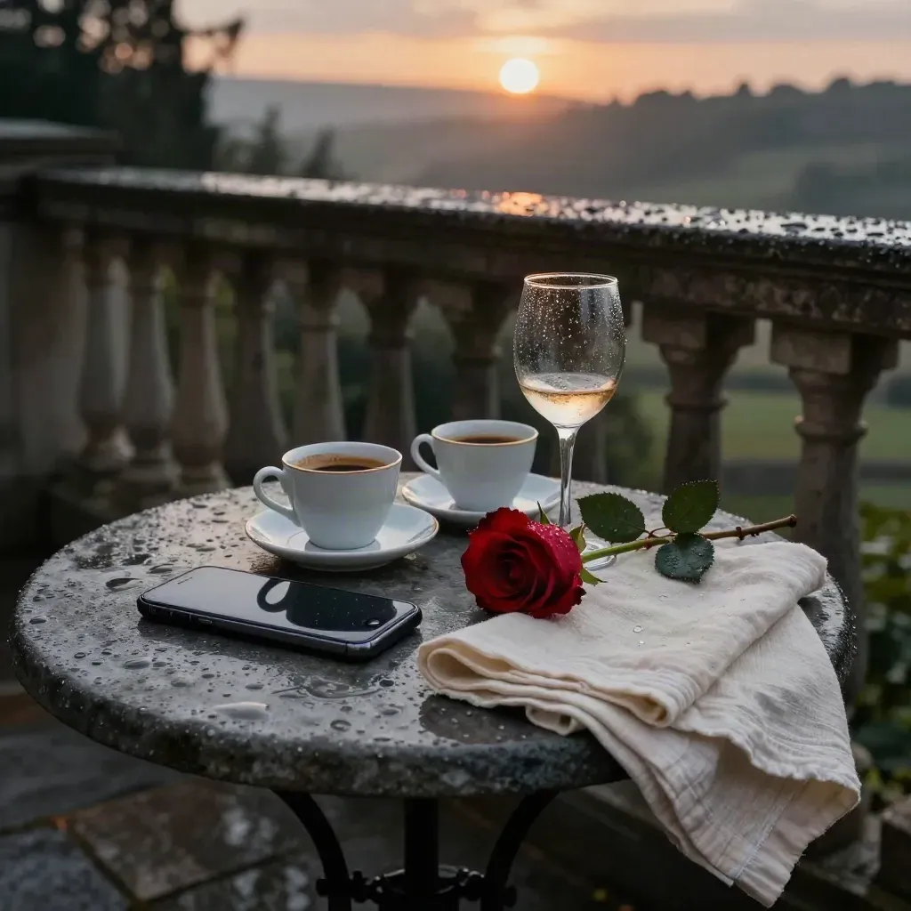 Terrazza bagnata al tramonto con caffè, rosa rubino, smartphone e calice, dopo un temporale.