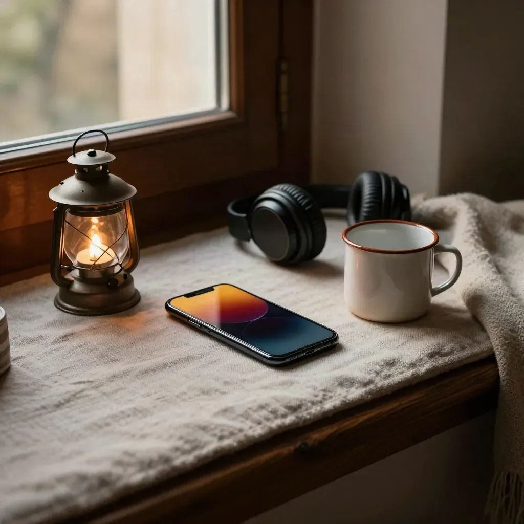 Telefono in modalità notte, lanterna di vetro, cuffie e tazza smaltata in un angolo caldo.