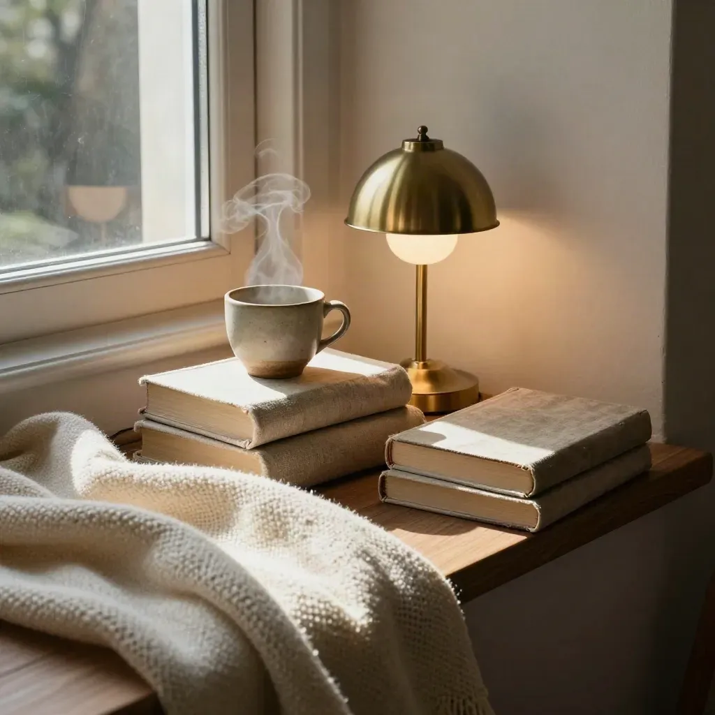 Angolo lettura caldo con tre libri in lino, lampada bassa, coperta crema e tè fumante.