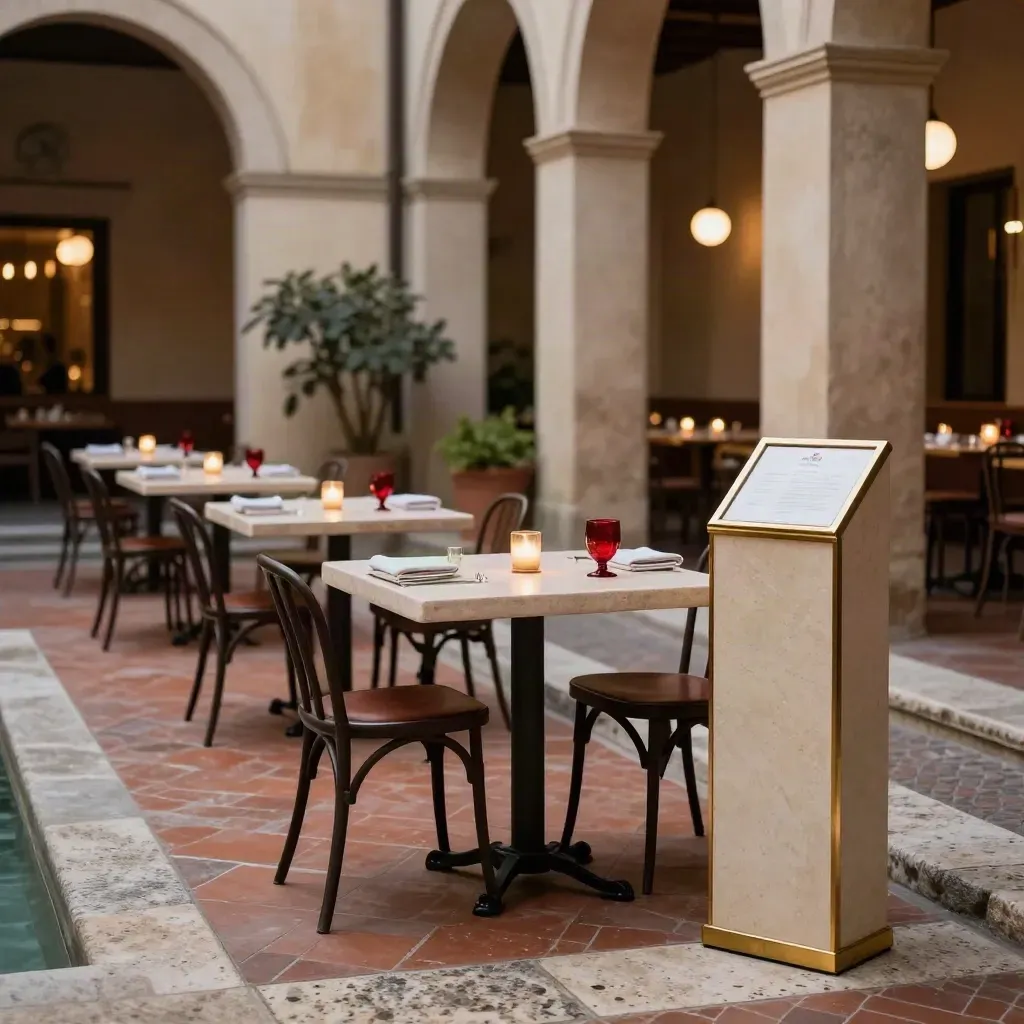 Cortile italiano elegante con tavolini vuoti, candele basse e luci soffuse per aperitivo.