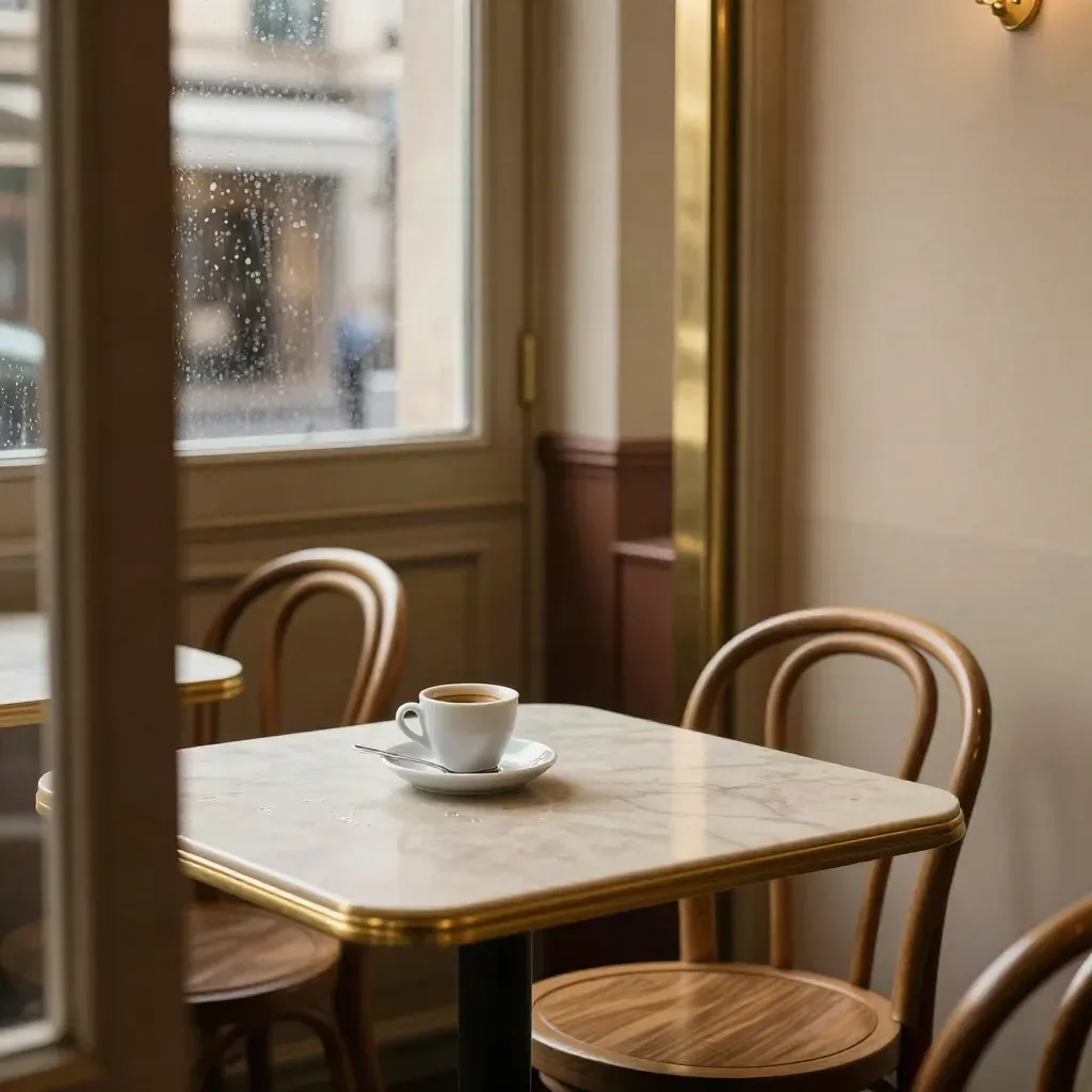 Caffè milanese vuoto con espresso, due sedie allineate, tavolino bagnato e luce obliqua.