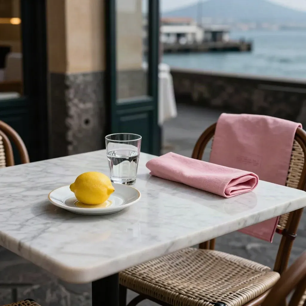 Tavolo a Napoli con bicchiere d’acqua, dessert intatto e sedia vicina nella luce del lampione.