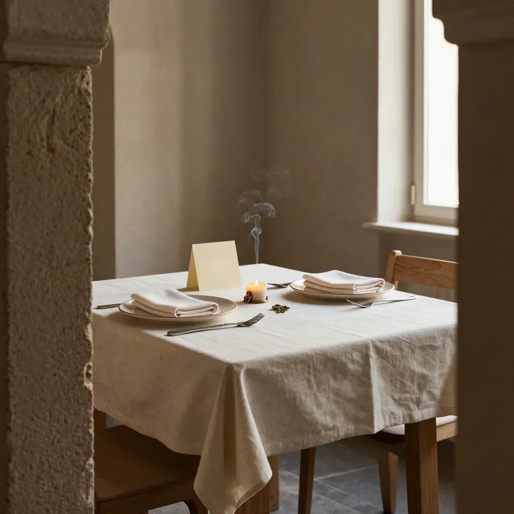 Sala di Torino con tavola pronta, candeletta, chiavi e luce calda dalla soglia.