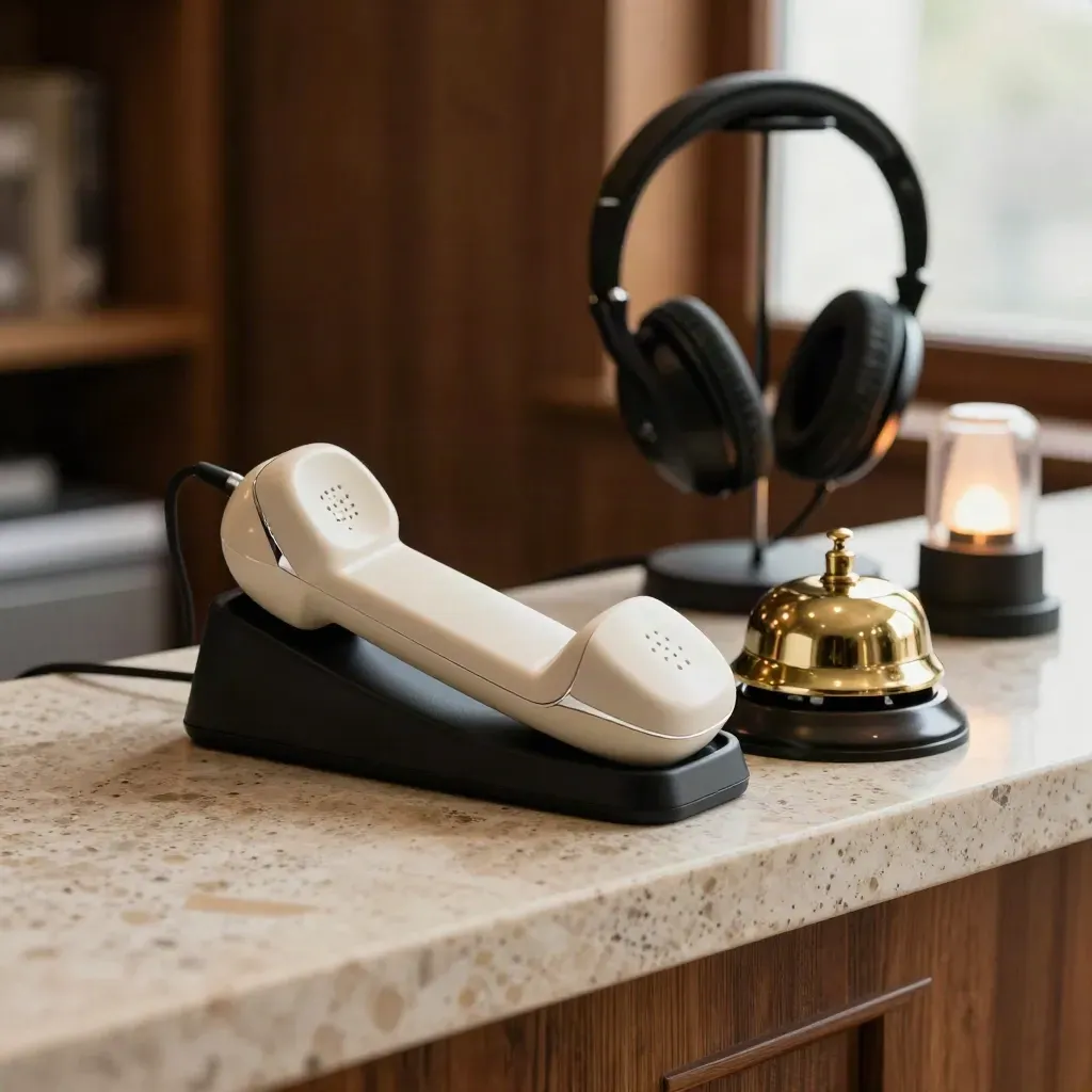 Telefono cordless, campanello e cuffia su banco in travertino, luce calda e soffusa.