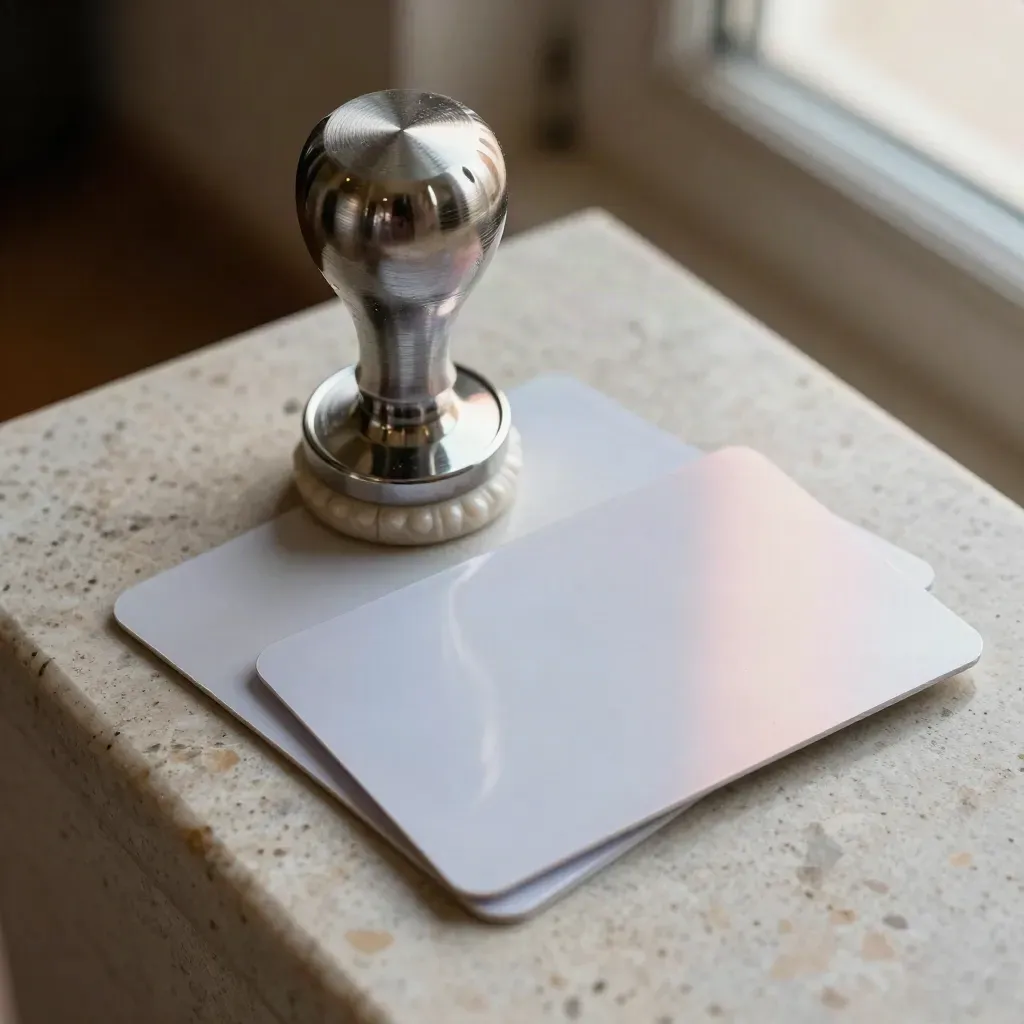 Sigillo metallico e card privacy su base in pietra, macro elegante