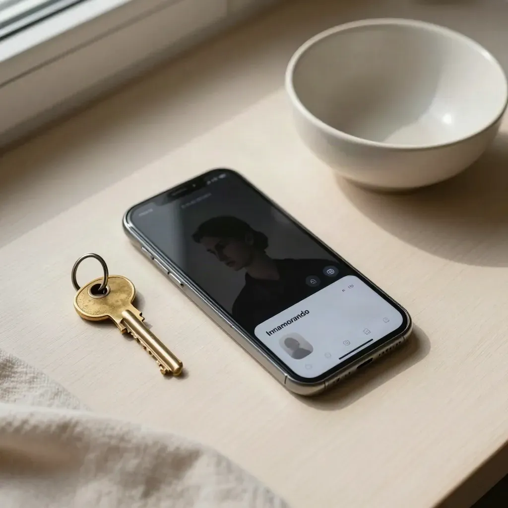 Smartphone, chiave di casa, ciotola in ceramica e tessera su legno chiaro