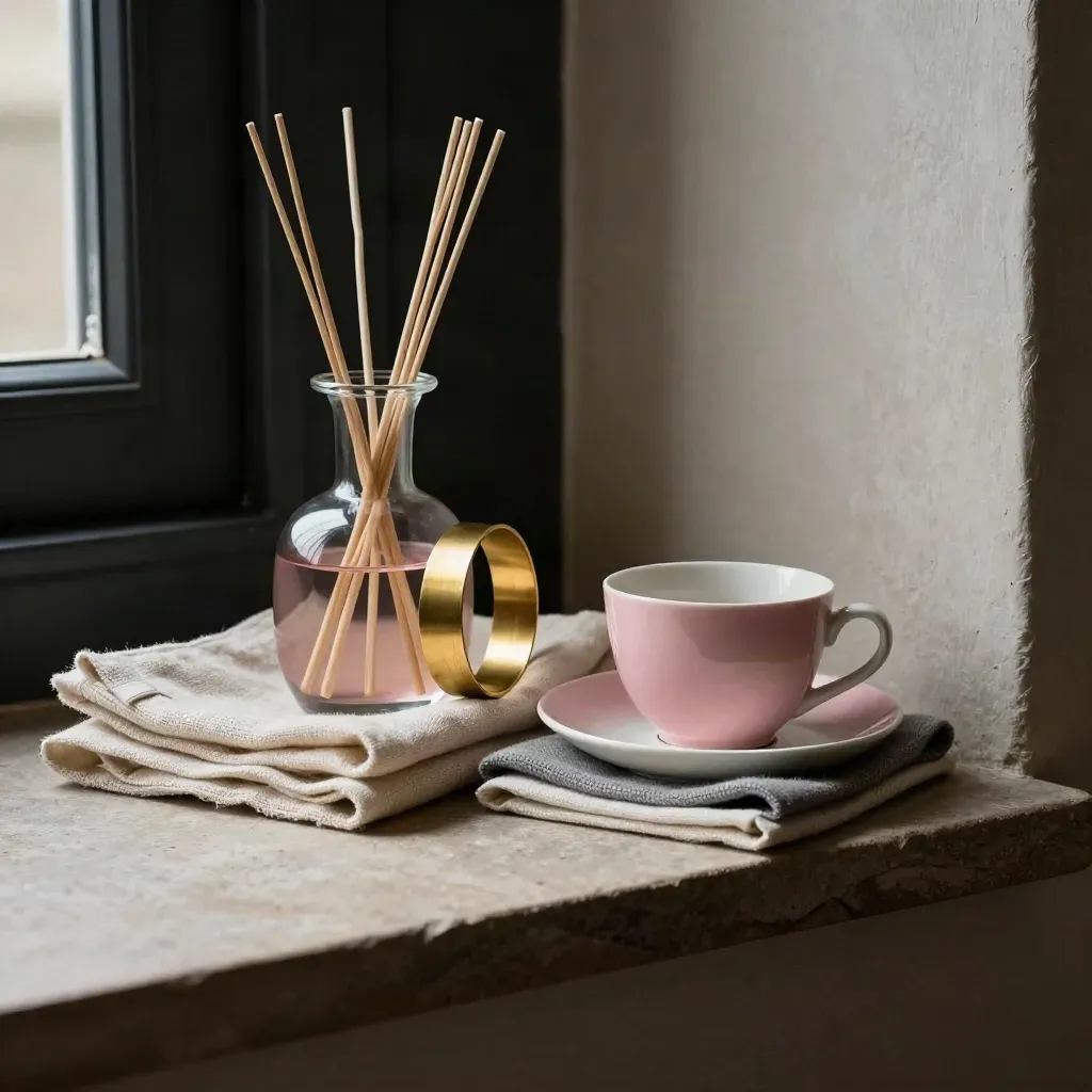 Campioni di tessuto, diffusore in vetro, anello in ottone e tazza su mensola domestica.