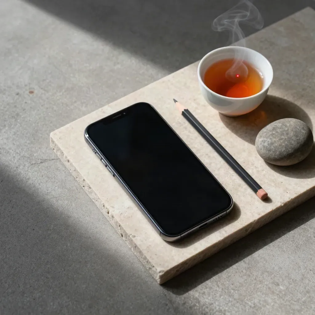 Flatlay di smartphone, tè, matita e ciotola in pietra su lastra chiara.