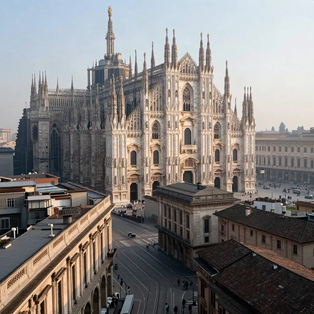 Duomo di Milano all’alba tra tetti e foschia, piazza calma per il testo
