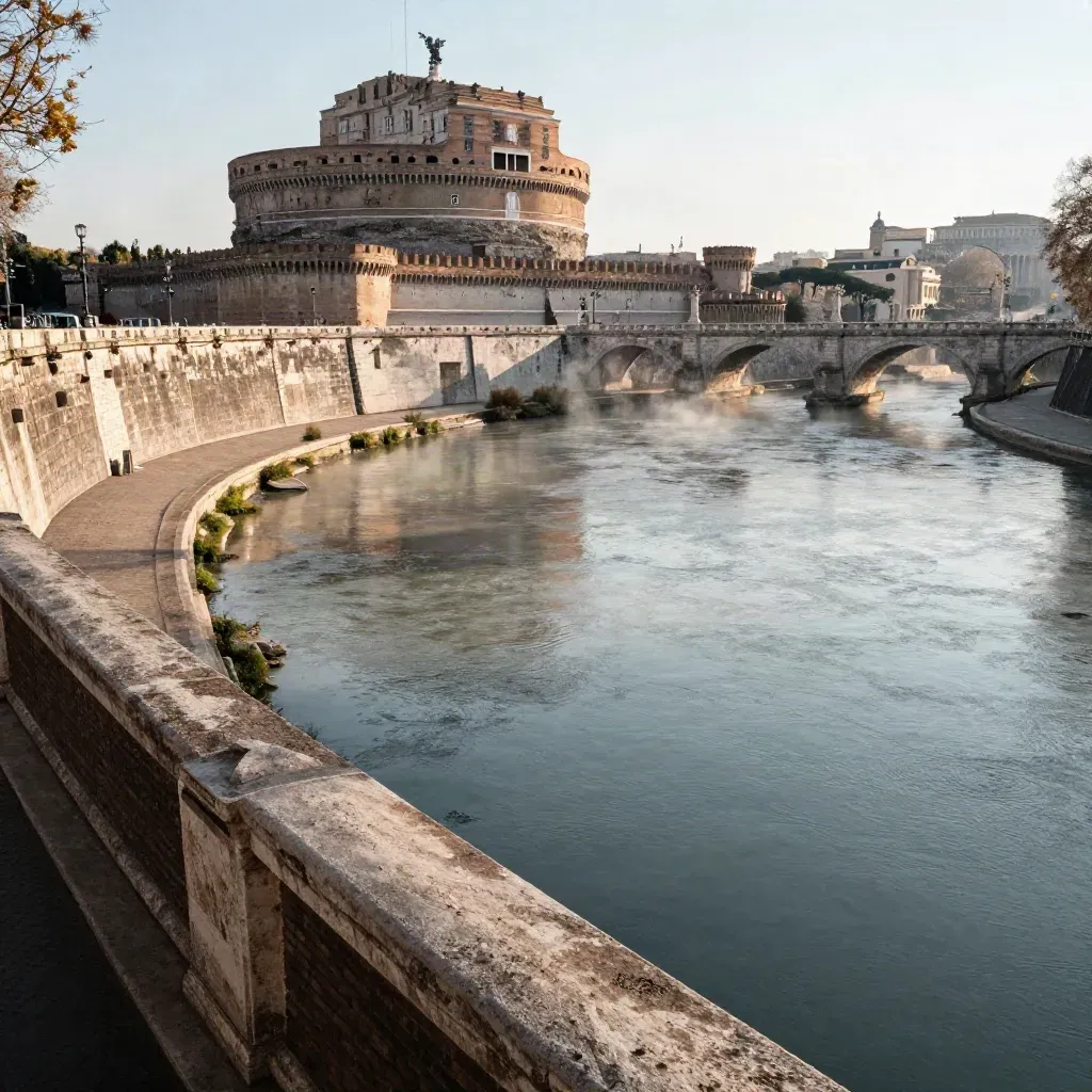 Curva del Tevere con Castel Sant’Angelo in alto e pietra romana morbida in primo piano