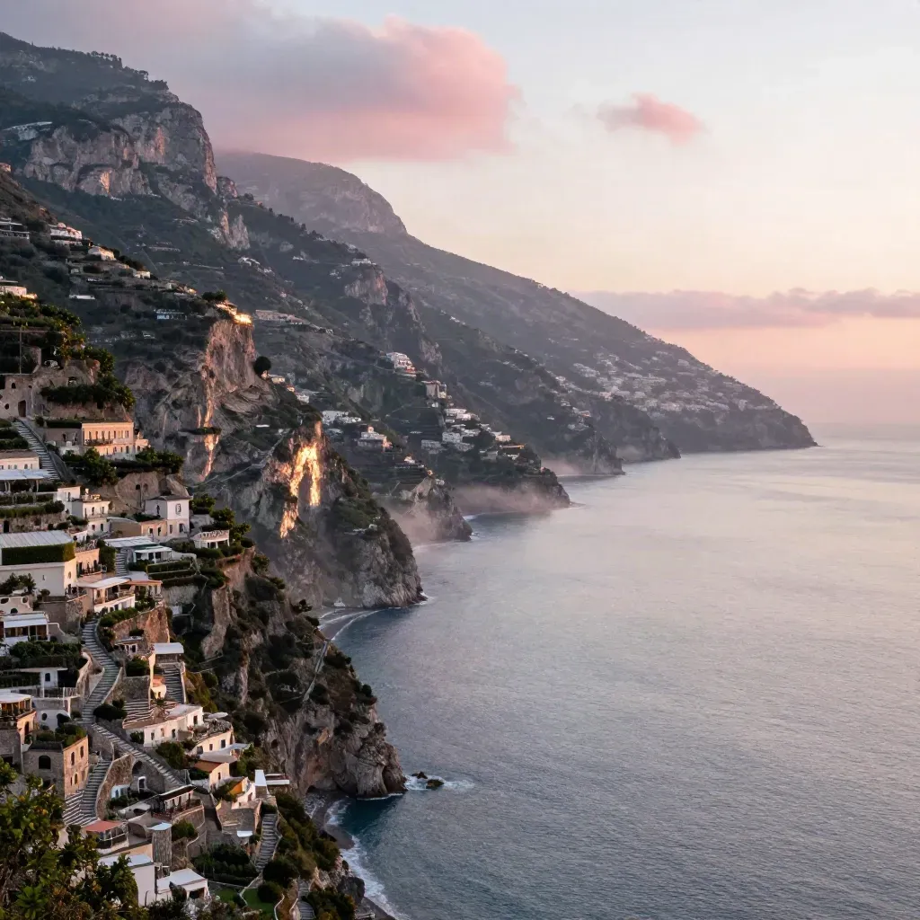 Costa di Positano e scogliere amalfitane nella foschia, mare lattiginoso e terrazze di agrumi.