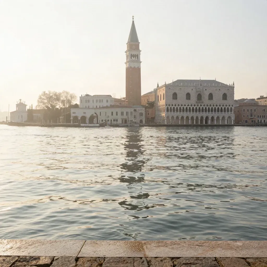 Laguna veneziana con campanile nella foschia e riflessi d’oro su pietra palladiana.